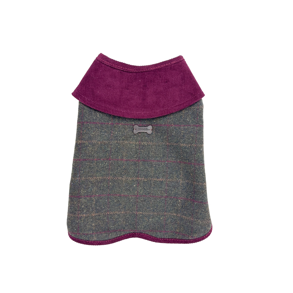 Gray and purple plaid dog coat with a purple collar and bone-shaped tag