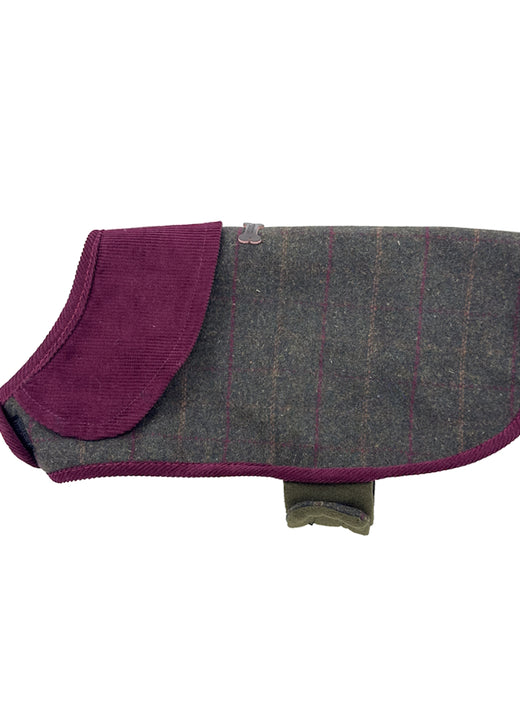 Gray and purple plaid dog coat with velcro strap and collar flap