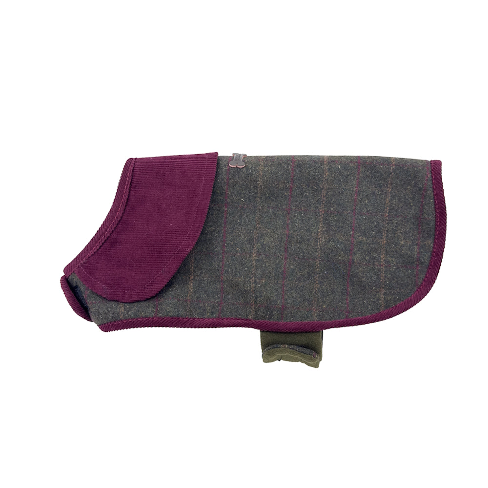 Gray and purple plaid dog coat with velcro strap and collar flap