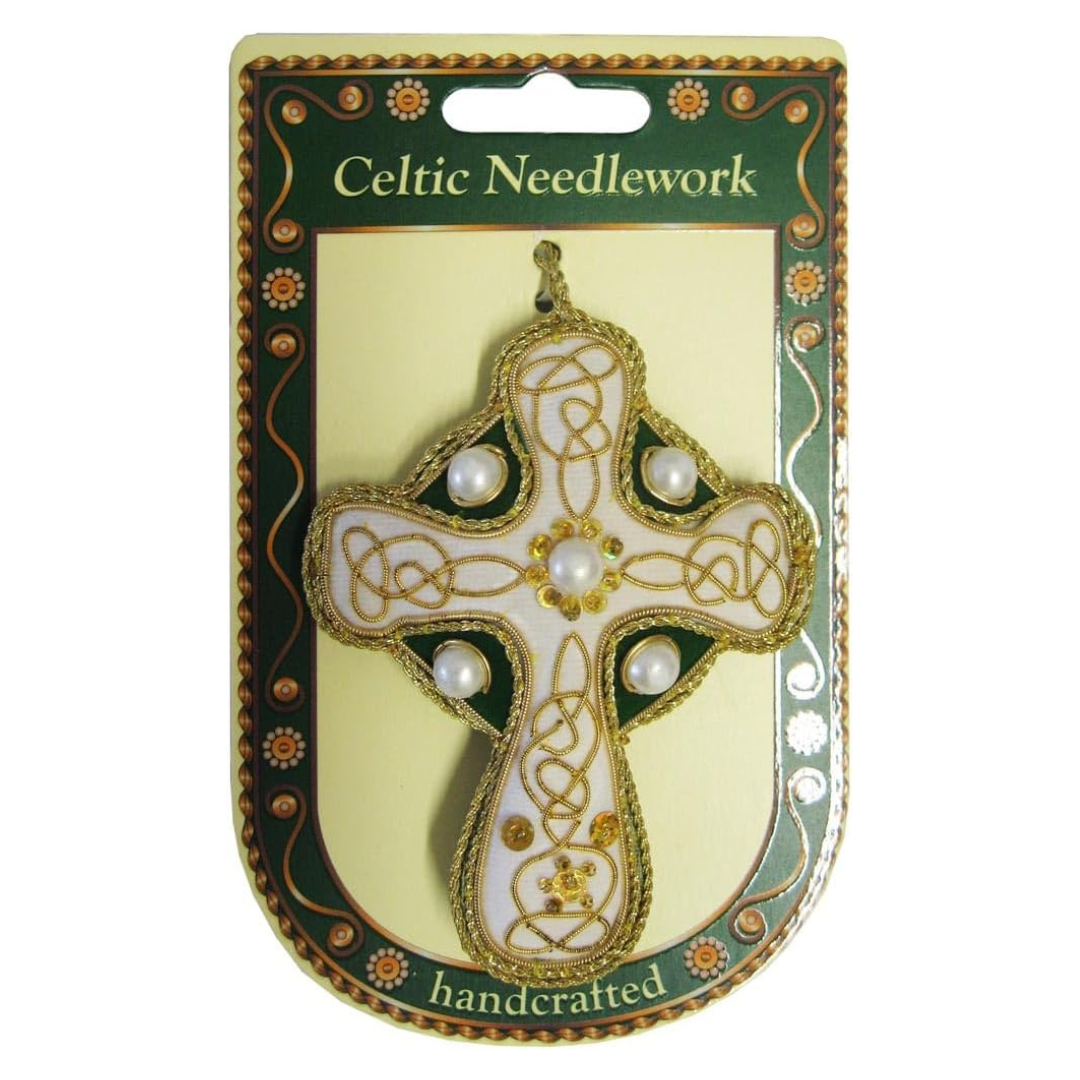 High Cross Shaped Hanging Christmas Decoration With Gold Celtic Needlework 