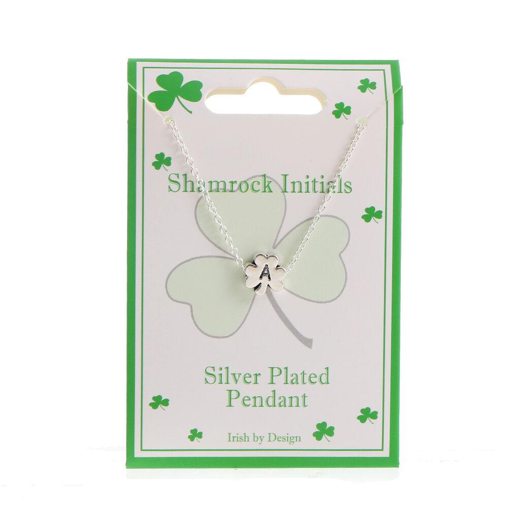 Silver plated shamrock pendant necklace with letter A on card