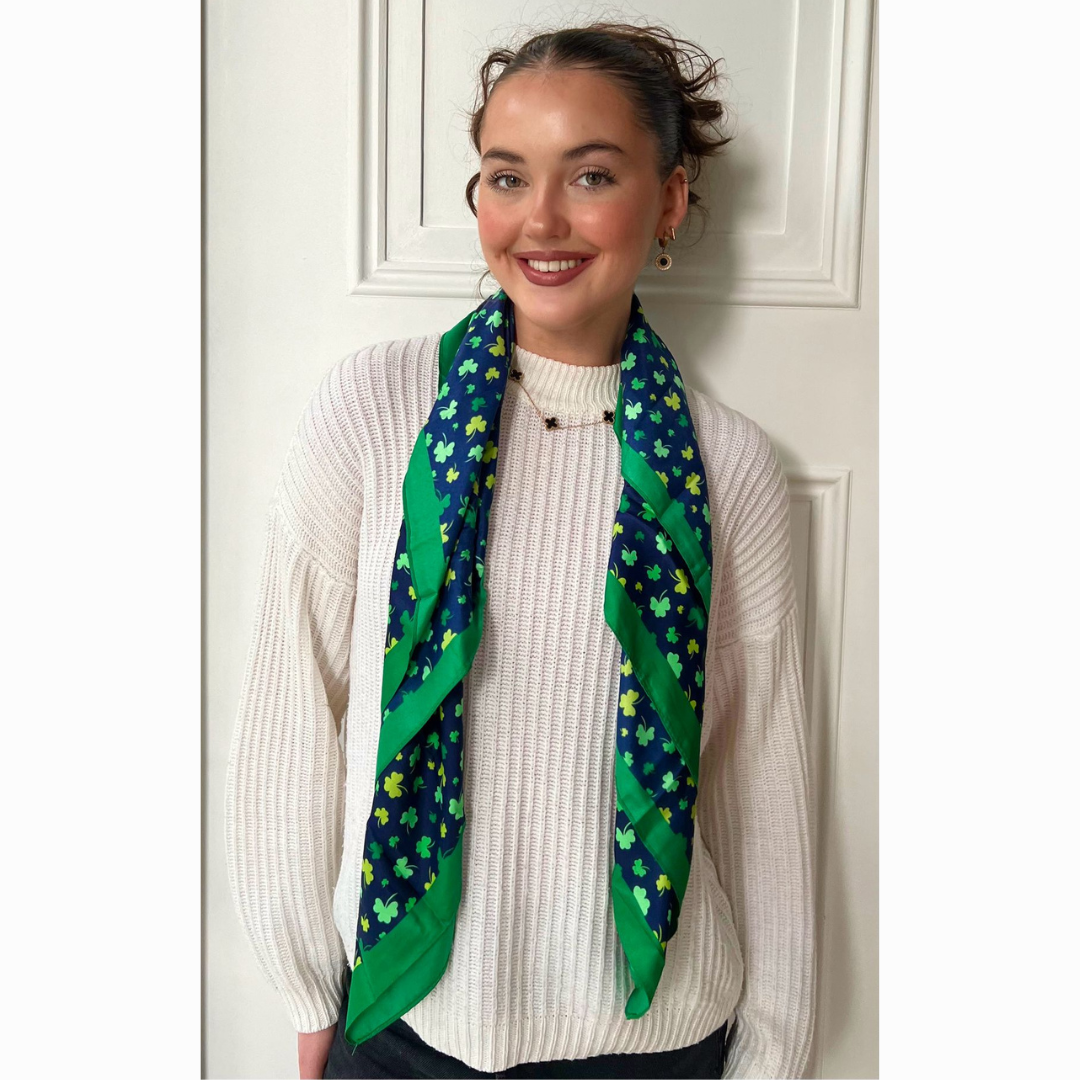 Ladies Polysilk Green And Navy Shamrock Scarf