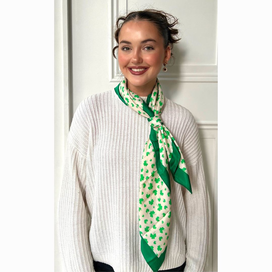 Ladies Polysilk Green And Cream Shamrock Scarf