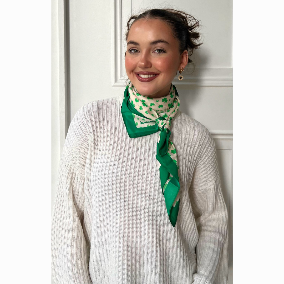 Ladies Polysilk Green And Cream Shamrock Scarf 