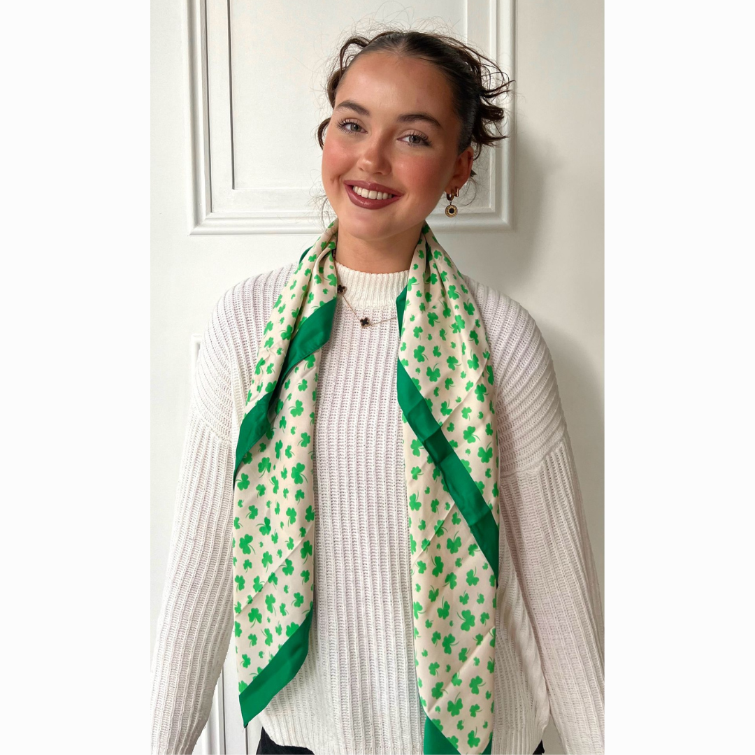 Ladies Polysilk Green And Cream Shamrock Scarf