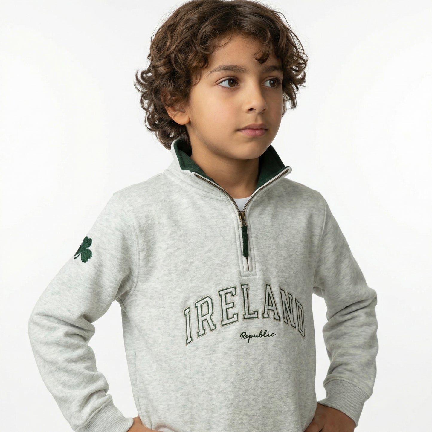 Ireland Ash Grey and Forest Green Kids Quarter Zip