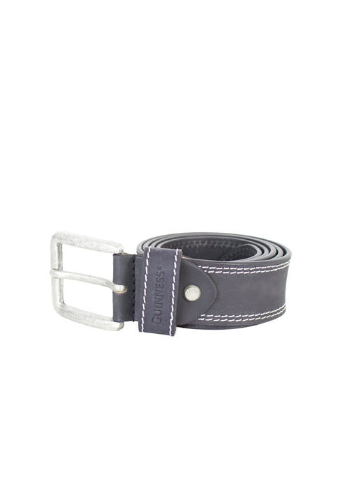 Rolled black leather belt with white stitching and metal buckle