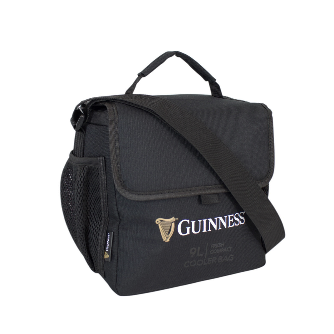 Black soft cooler bag with shoulder strap and side mesh pocket