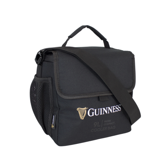 Black soft cooler bag with shoulder strap and side mesh pocket