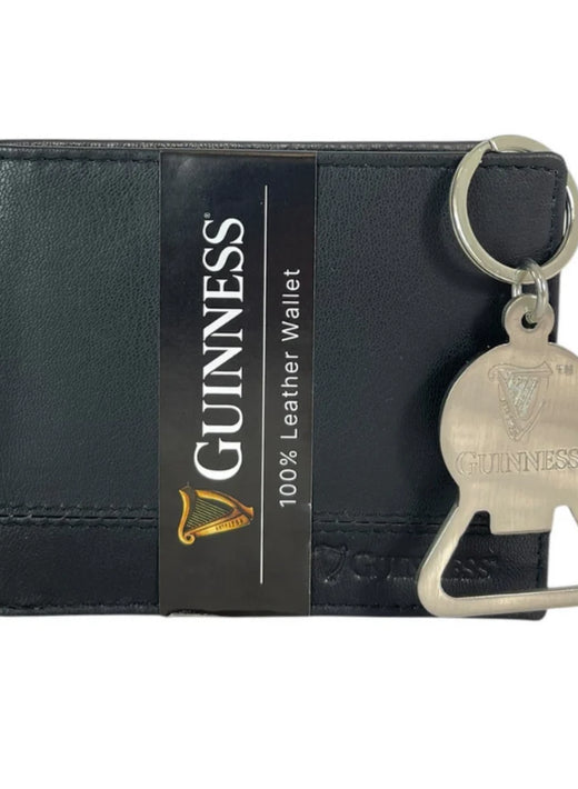Black leather wallet with Guinness label and attached metal bottle opener keychain