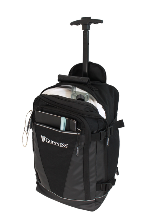 Black wheeled backpack with extended handle and front pocket holding items