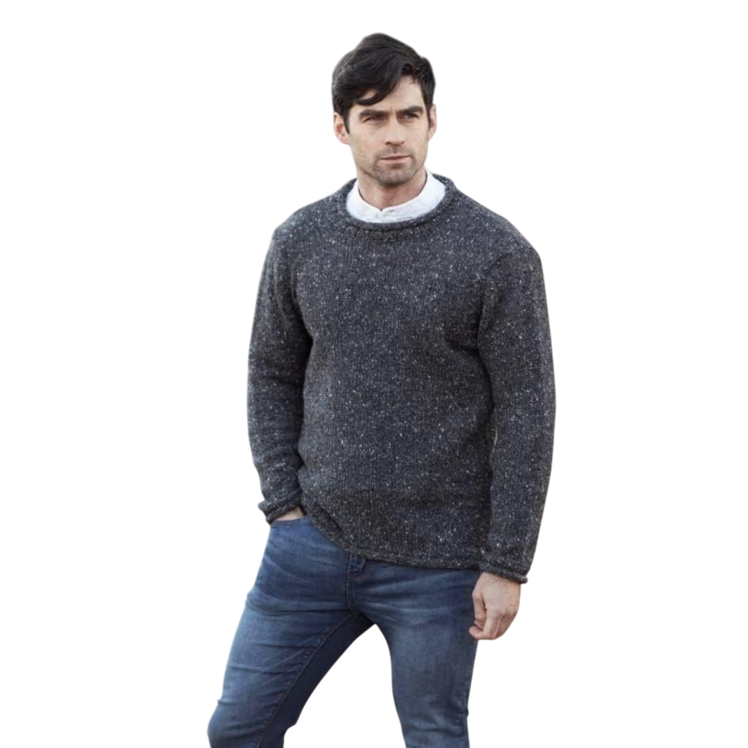 Men's Donegal Wool Curl Neck Charcoal Jumper