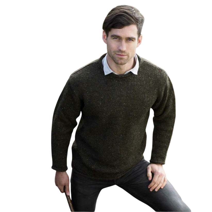 Men's Donegal Wool Curl Neck Green Jumper