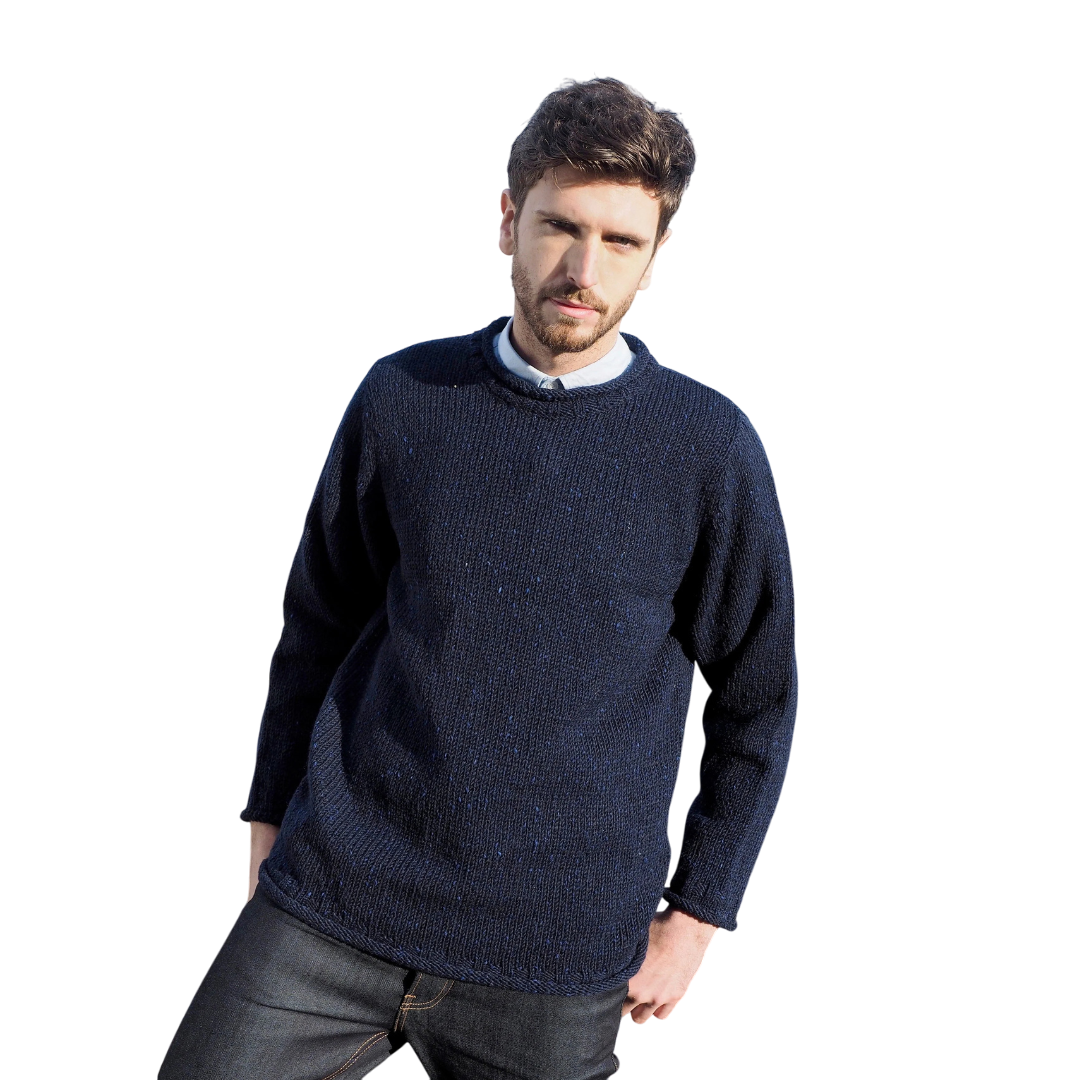 Men's Donegal Wool Curl Neck Navy Jumper