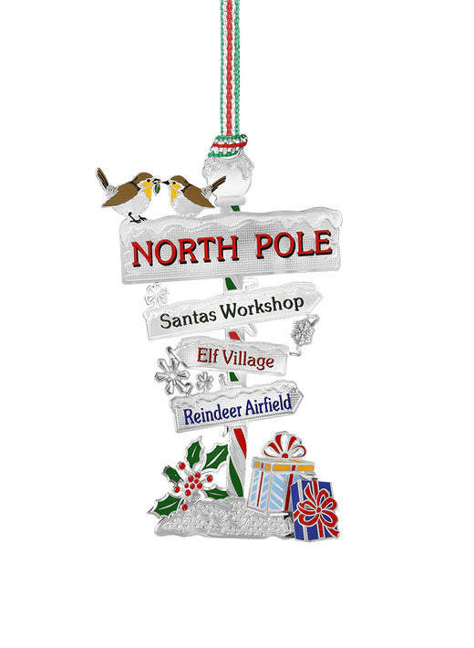 North Pole signpost with birds, holiday gifts, and holly decoration