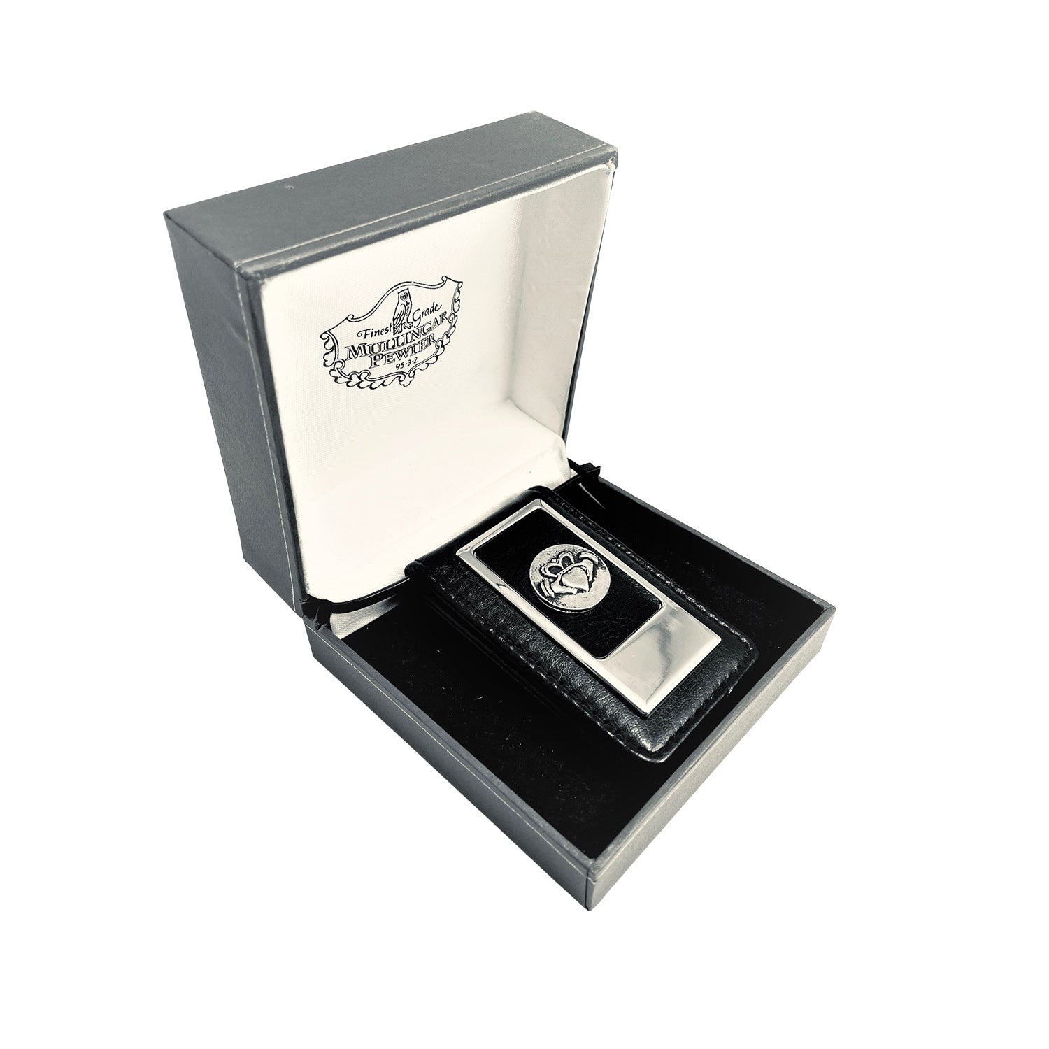 Claddagh leather money clip with a silver plaque inside a black leather sleeve in a presentation box