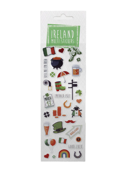 Sheet of Ireland-themed stickers including flag, shamrocks, and rainbow