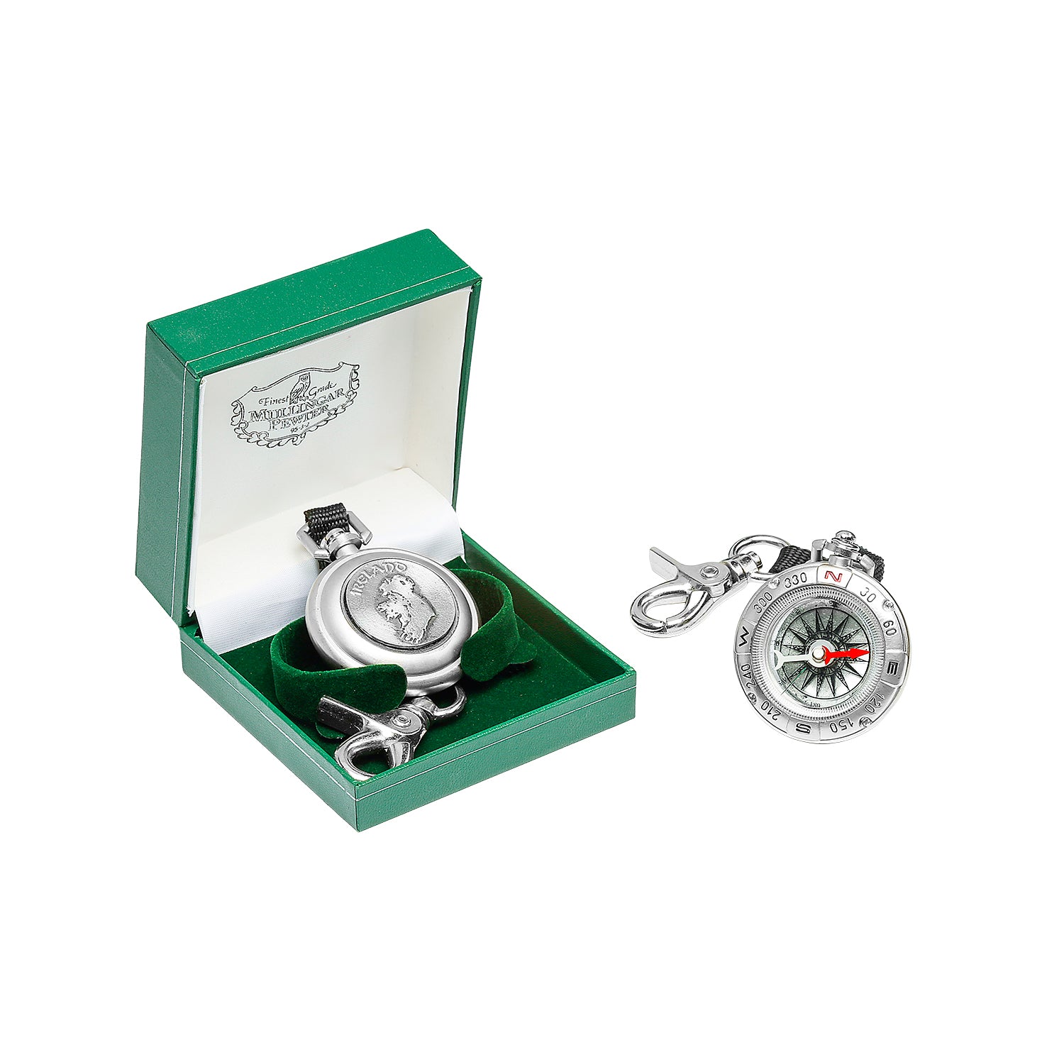 Ireland boxed compass set showing a silver pocket compass in a green presentation box and a compass on a keyring beside it