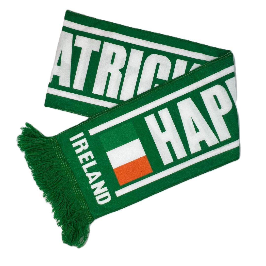 Green scarf with white text and Irish flag design, fringed ends