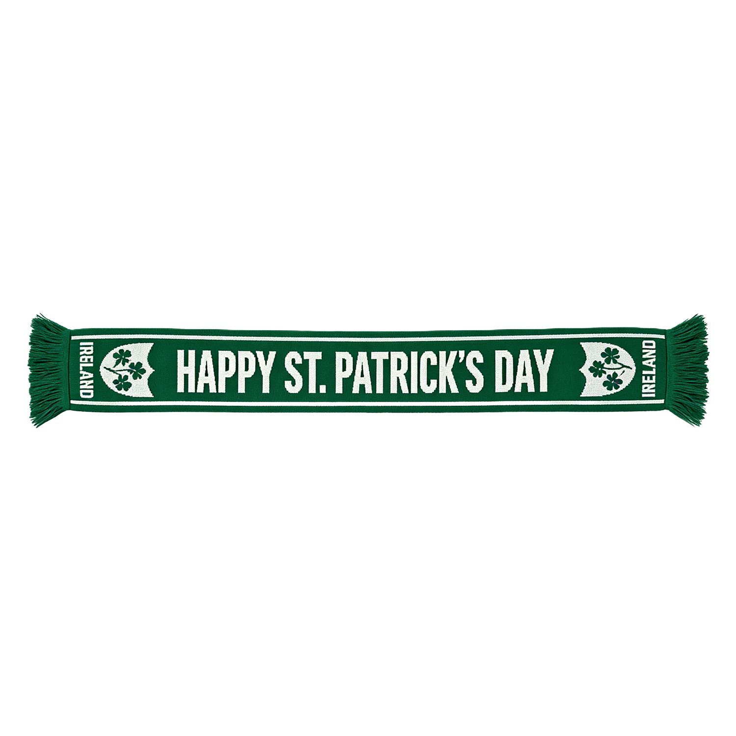 Green St Patrick's Day scarf with bold white text and fringed ends laid flat