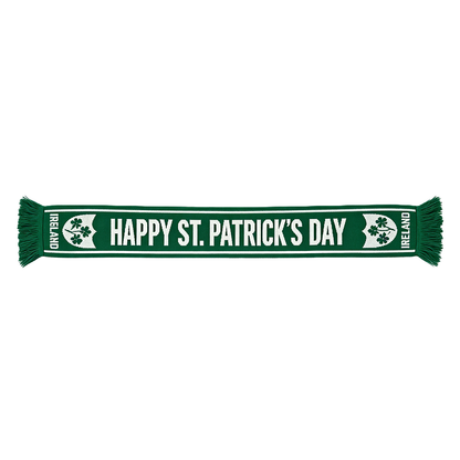Green St Patrick's Day scarf with bold white text and fringed ends laid flat