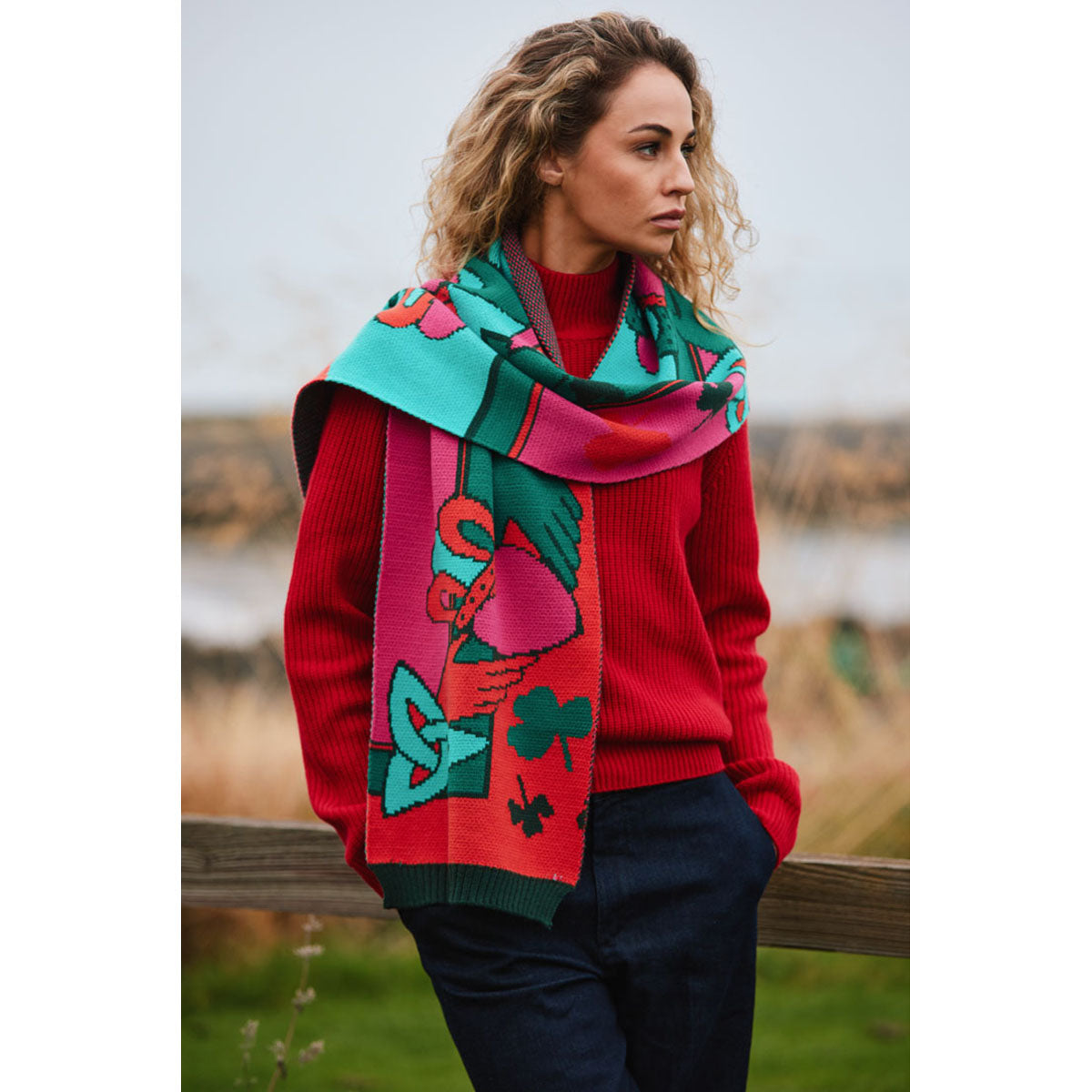 Claddagh Pink Green and Red Knit Scarf 