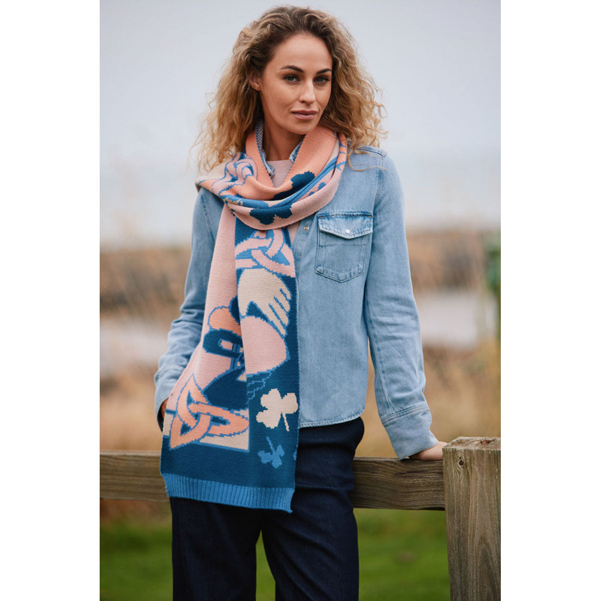 Claddagh Blue and Salmon Knit Scarf