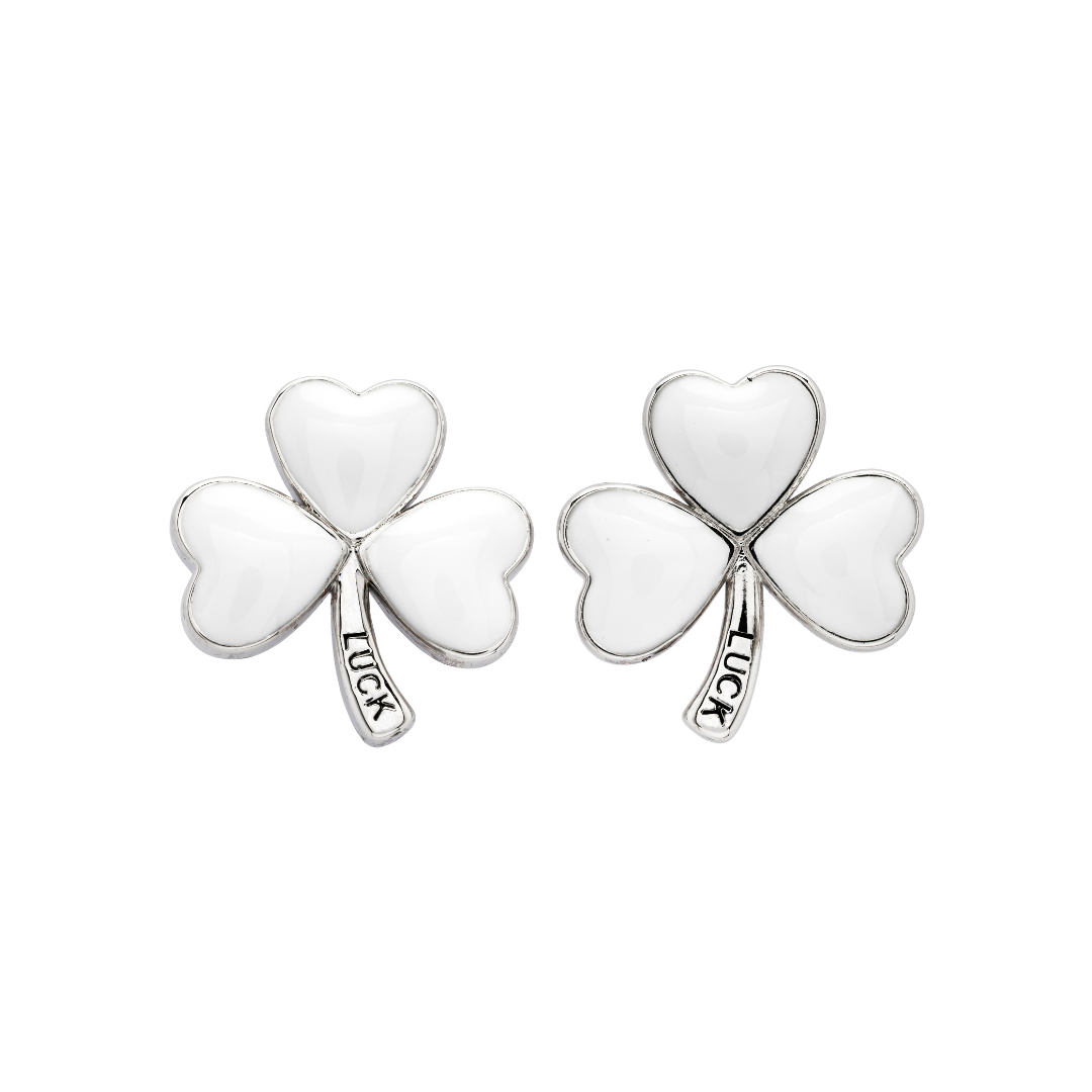 Platinum Plated White Enamel Shamrock Earrings
