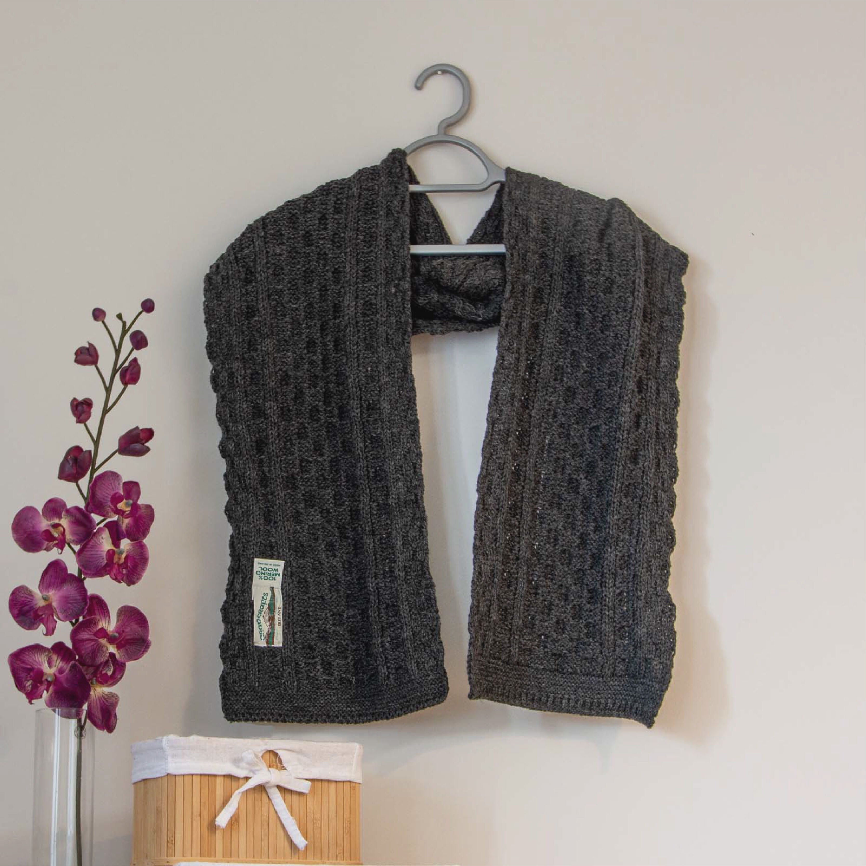 Aran Merino Wool Honeycomb Charcoal Scarf 