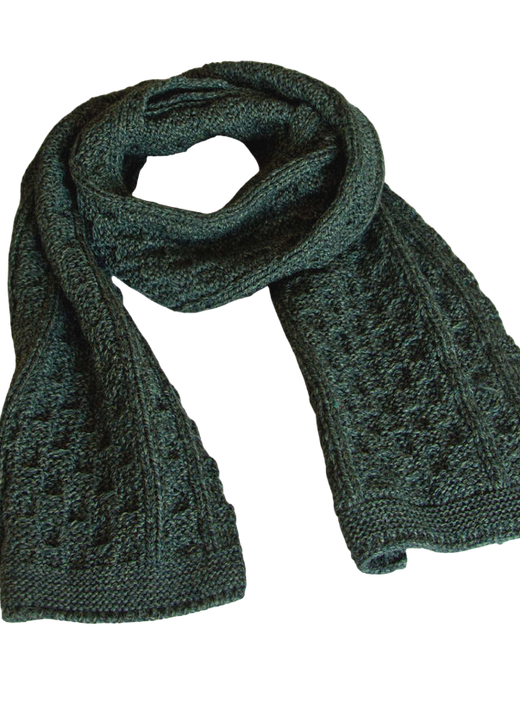 Dark green knitted scarf with textured pattern folded in loop
