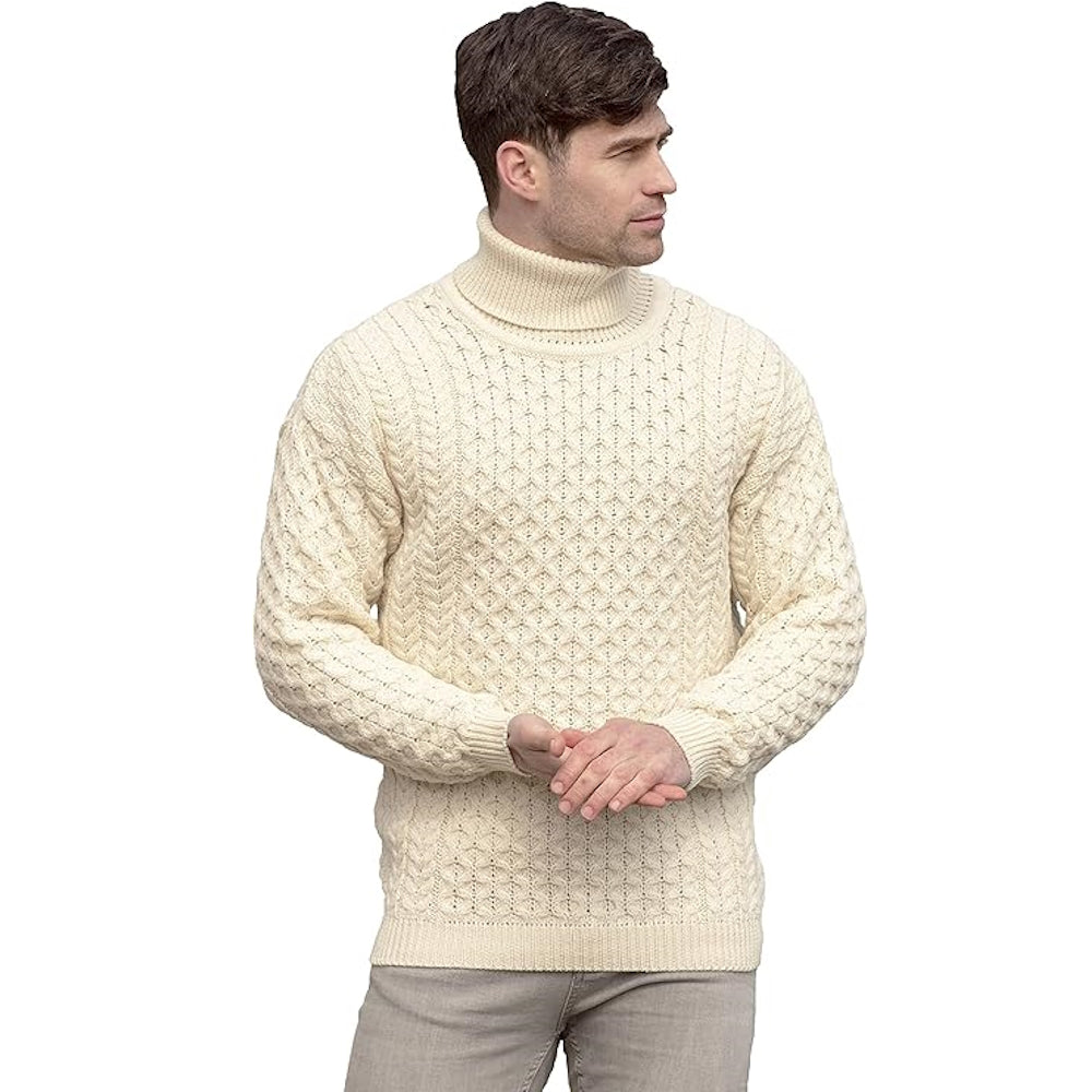 Unisex Irish Cable Knitted Soft Roll Neck Natural Sweater