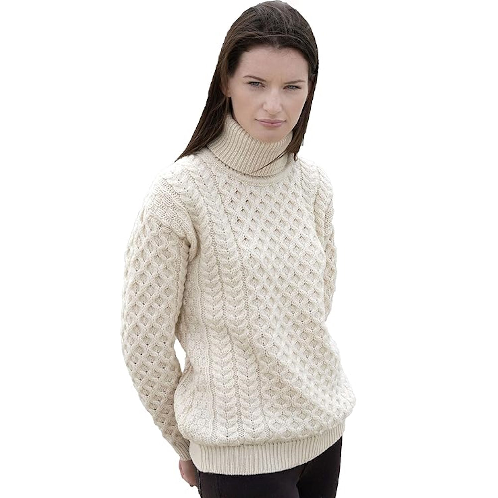 Unisex Irish Cable Knitted Soft Roll Neck Natural Sweater