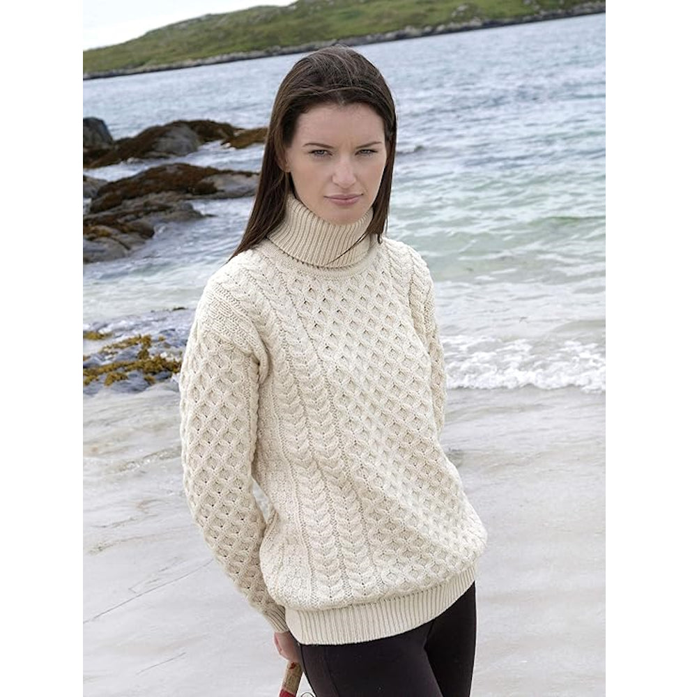 Unisex Irish Cable Knitted Soft Roll Neck Natural Sweater 