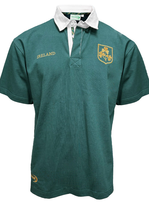 Ireland dark green short sleeve rugby shirt with gold shamrock crest and white collar