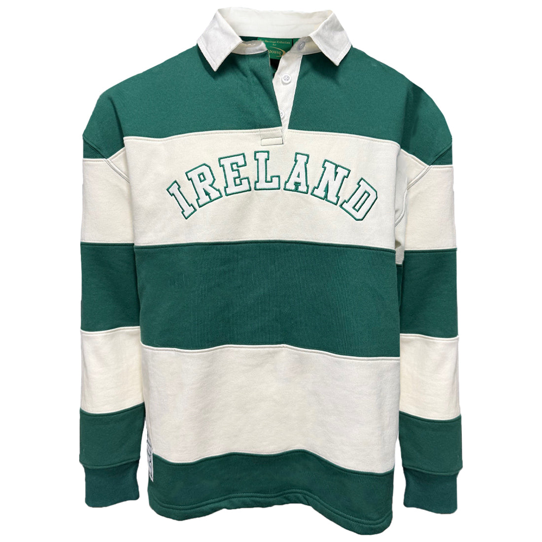 Lansdowne Ireland striped long sleeve rugby shirt in green and cream with IRELAND lettering