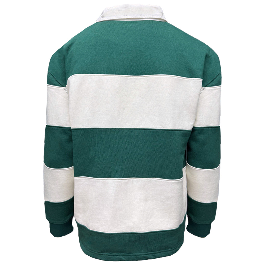 Back view of a green and cream striped Lansdowne Ireland rugby shirt.