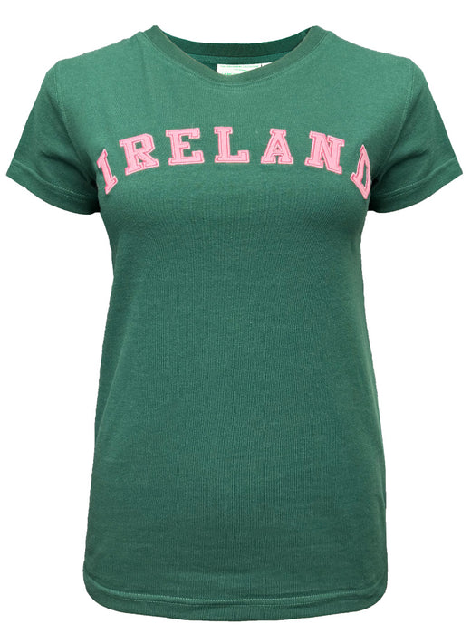 Green Ireland Evergreen and Pink Ladies T-Shirt with bold pink IRELAND lettering across the chest.