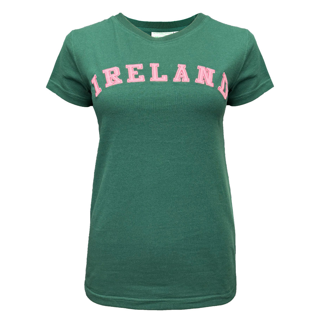 Green Ireland Evergreen and Pink Ladies T-Shirt with bold pink IRELAND lettering across the chest.
