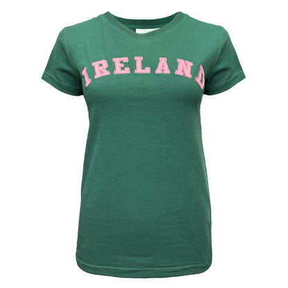 Green Ireland Evergreen and Pink Ladies T-Shirt with bold pink IRELAND lettering across the chest.