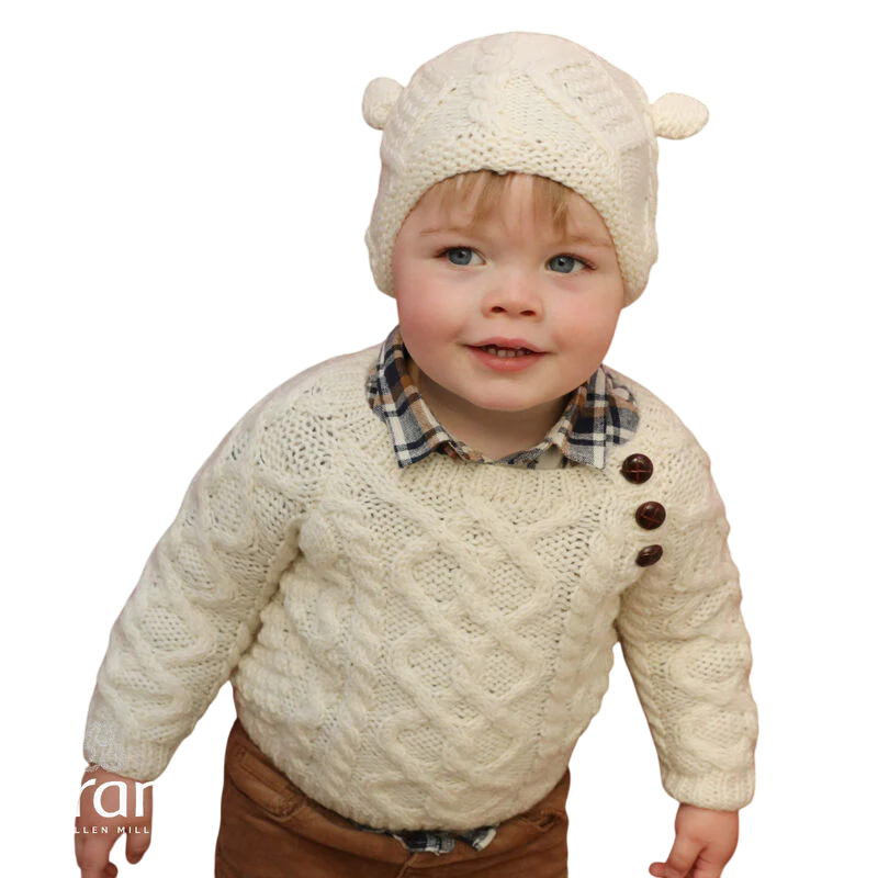 Kids Aran Wool Natural Hat With Ears 