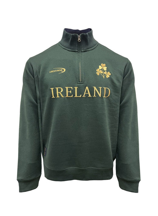 Green quarter-zip sweatshirt with Ireland text and shamrock embroidery