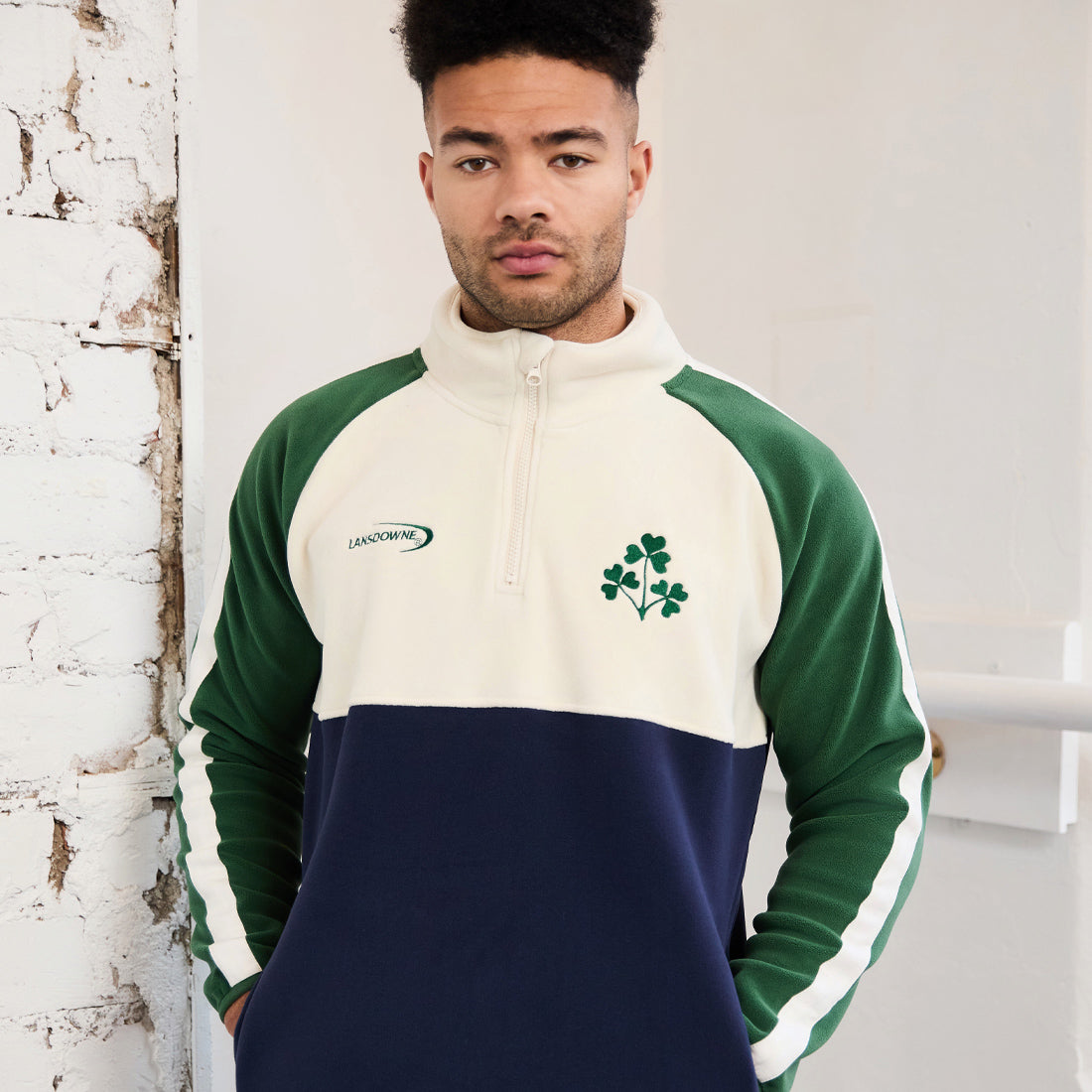 Men's Quarter Zip Shamrock Cream, Navy and Green Fleece 