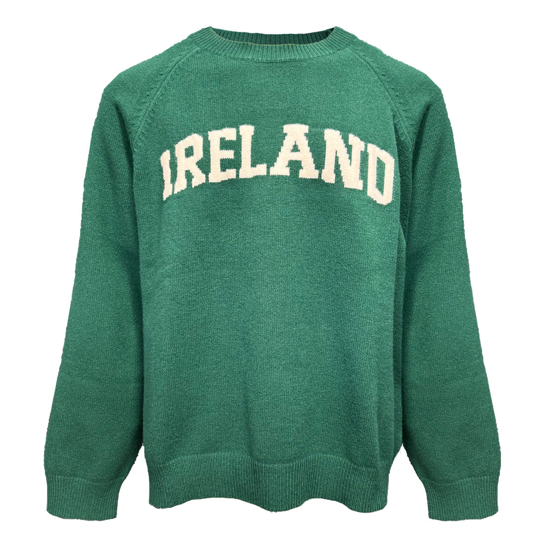 Green evergreen knitted jumper with cream IRELAND lettering across the chest