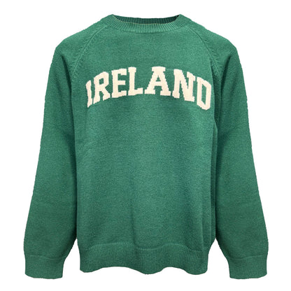 Green evergreen knitted jumper with cream IRELAND lettering across the chest