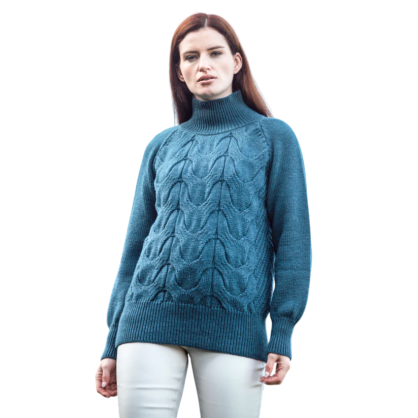 Ladies Irish Cable Knitted Chunky Teal Jumper