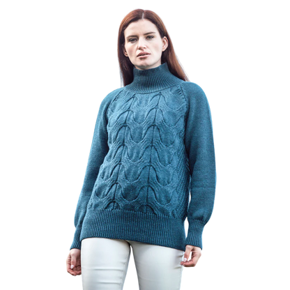 Ladies Irish Cable Knitted Chunky Teal Jumper
