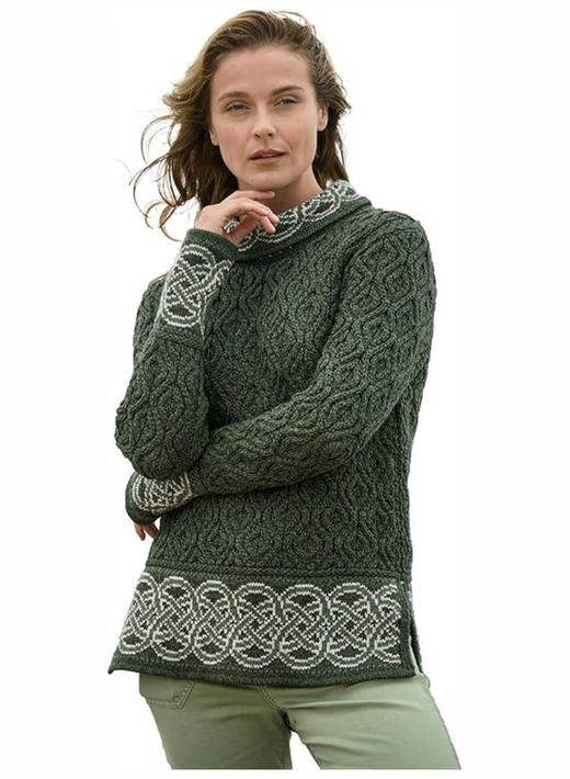 Ladies Ranelagh Jacquard Aran Green Sweater
