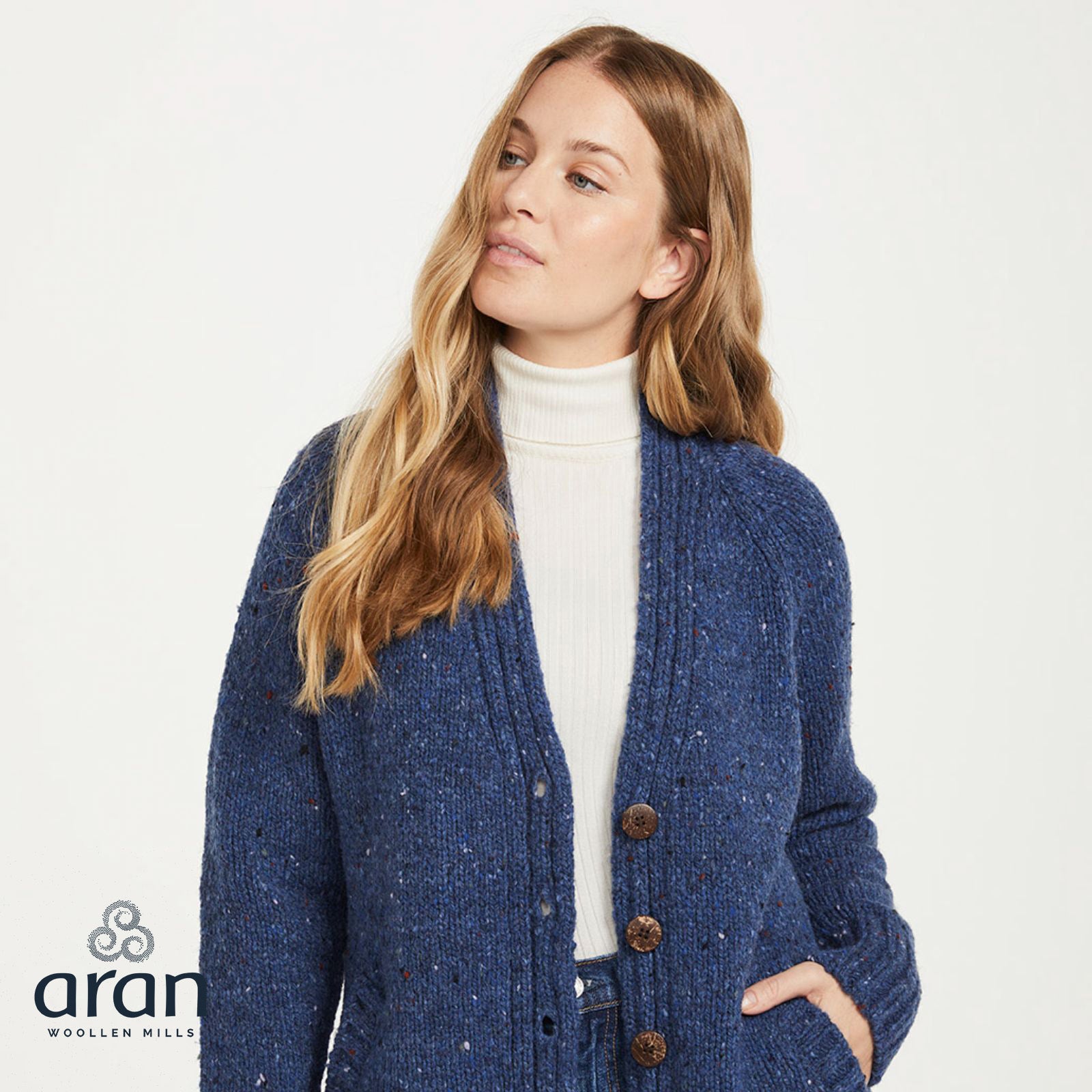 Ladies Donegal Cardigan with Side Pocket Blue