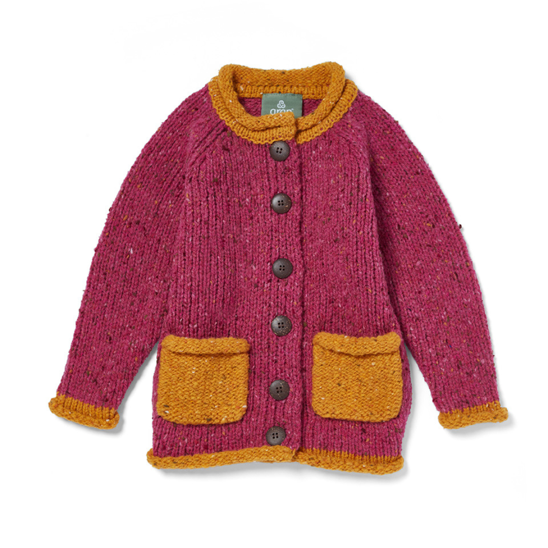 Childrens Woollen Roll Neck Cardigan Pink and Orange 