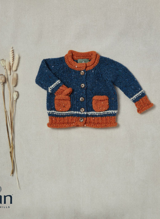 Blue and orange knitted baby cardigan with buttons and pockets